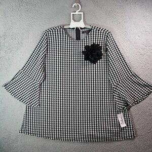 $69 NEW Calessa Top Blouse‎ Women 2X 3D Flower Houndstooth Stretch Black White